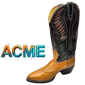 Acme Cognac-Brown Leather Pointed Toe Western Cowboy Boots Made In USA 8.5 D